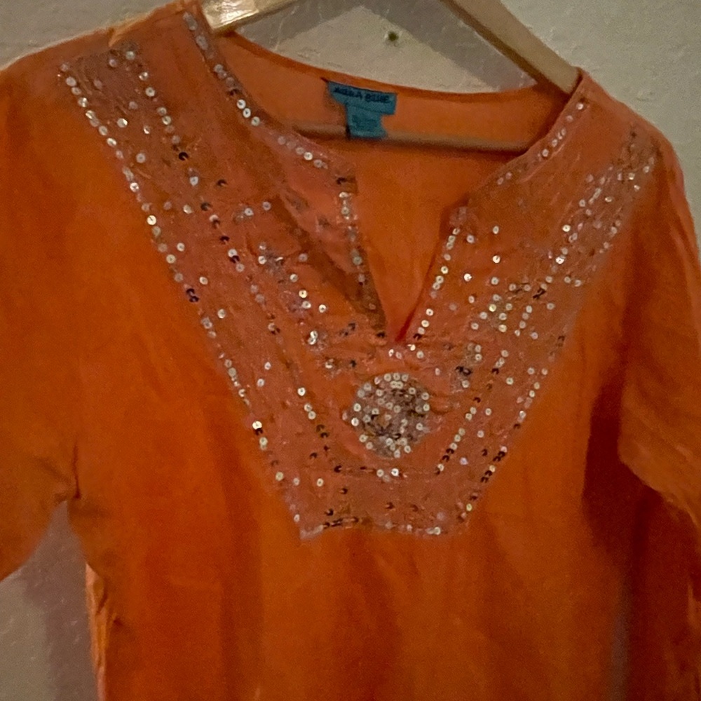 Long orange shirt with rhinestones 100% cotton